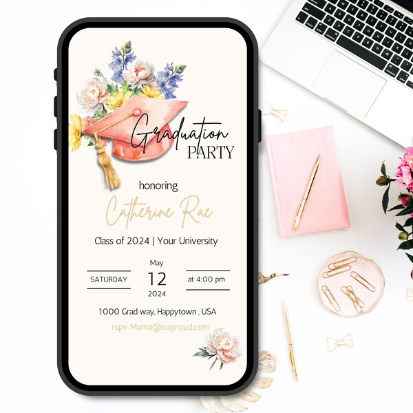 Graduation Party Invitation Template for Canva Download Print at Home Mobile Invitation for Graduation Party Mobile Invite PDF Pink Floral