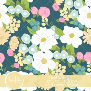 Teal Ditsy Flowers Floral Seamless Repeat pattern Watercolor Hand Drawn PNG Digital Scrapbook Paper Blue Pink Yellow Botanical