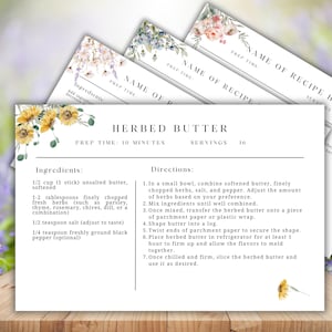 Modèle de carte de recette modifiable 4 x 6 canva Bundle de cartes de recettes aquarelle floral bohème PDF Téléchargement instantané Impression à la maison Cartes de recettes de fleurs