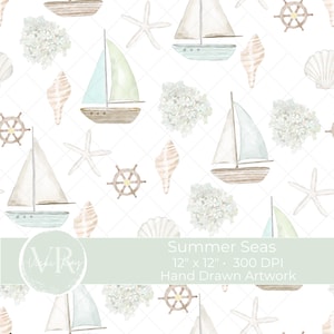 Segelboot Seamless Pattern Nautische Sommer Strand Digitales Papier Hortensien Muscheln Ozean Boot druckbare Stoff Pastell Küste Kinderzimmer Design