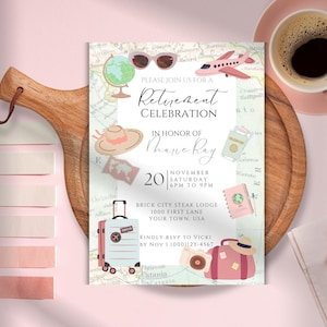 Plantilla de invitación para fiesta de jubilación de mujeres con temática de viajes, editable, digital, para dispositivos móviles, para descargar e imprimir