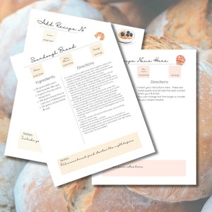 May include: Printable recipe cards with a light pink background and black text. The cards are for sourdough bread and another recipe. The cards have sections for prep time, total time, servings, ingredients, directions, and notes.