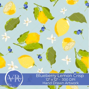 Moderne citron myrtille transparente motif fruits papier numérique lumineux joyeux été fond bleu agrumes Clipart jaune vif dessiné à la main