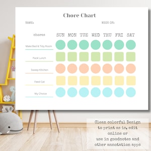 Simple Kids Chore Chart Tägliche Checkliste Bearbeitbare PDF-Download Druck zu Hause Bunte tägliche Erinnerungsgewohnheit für Kinder und Motivationskarte