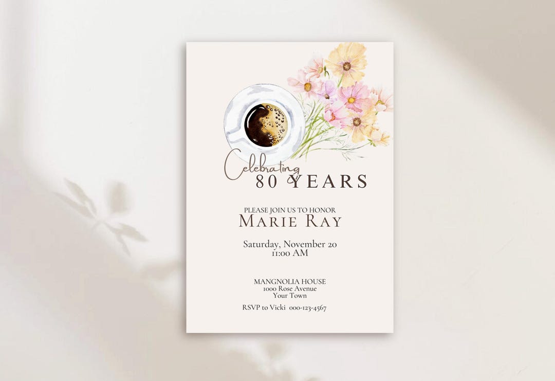 Eighty 80th Birthday Invitation for Woman, Elegant Floral Coffee Brunch ...