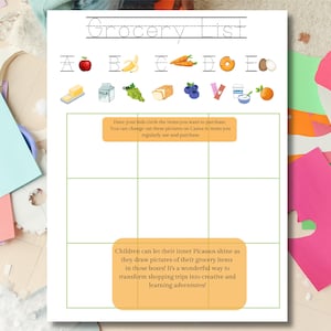Eenvoudige kinderen boodschappenlijst Tekening Kleuren Activiteitenblad Bewerkbare PDF-download Thuis afdrukken Kleurrijke boodschappenlijst Activiteit Kinderen