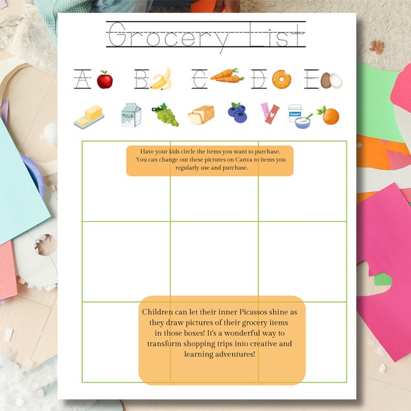Einfache Kinder Einkaufsliste Zeichnung Färbung Aktivitätenblatt Bearbeitbare PDF-Download Drucken Sie zu Hause Bunte Einkaufsliste Aktivität Kinder