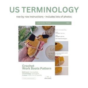 Crochet pattern for work boots in three sizes, from 0 to 12 months. The pattern uses US terminology and is for an intermediate skill level. The image shows a close-up of the crocheted boots.