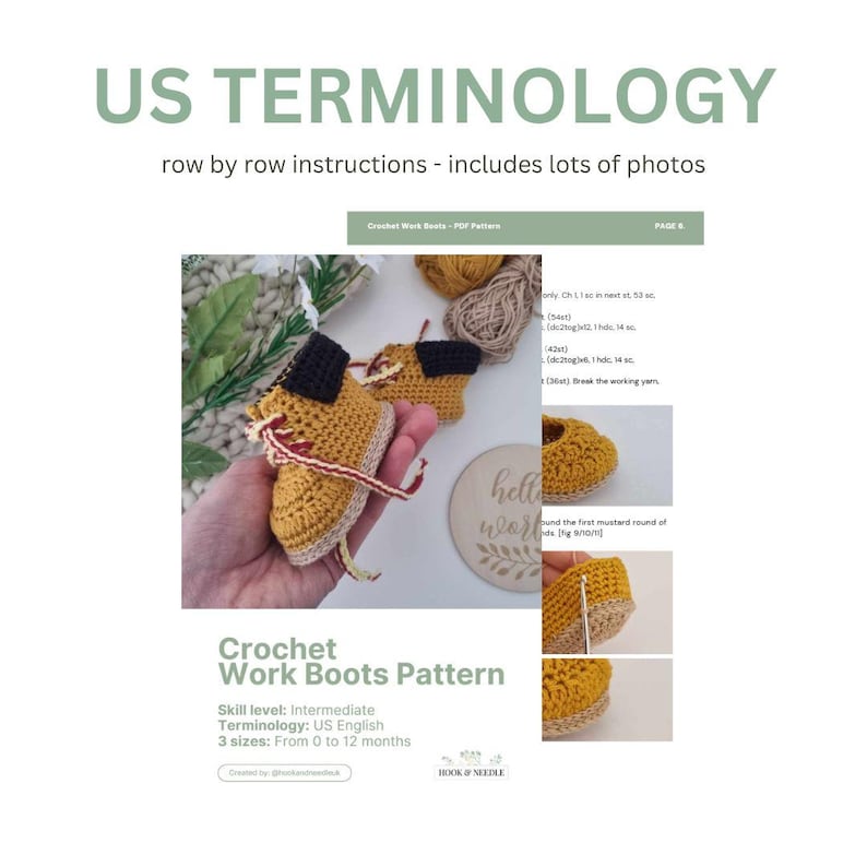 Crochet pattern for work boots in three sizes, from 0 to 12 months. The pattern uses US terminology and is for an intermediate skill level. The image shows a close-up of the crocheted boots.