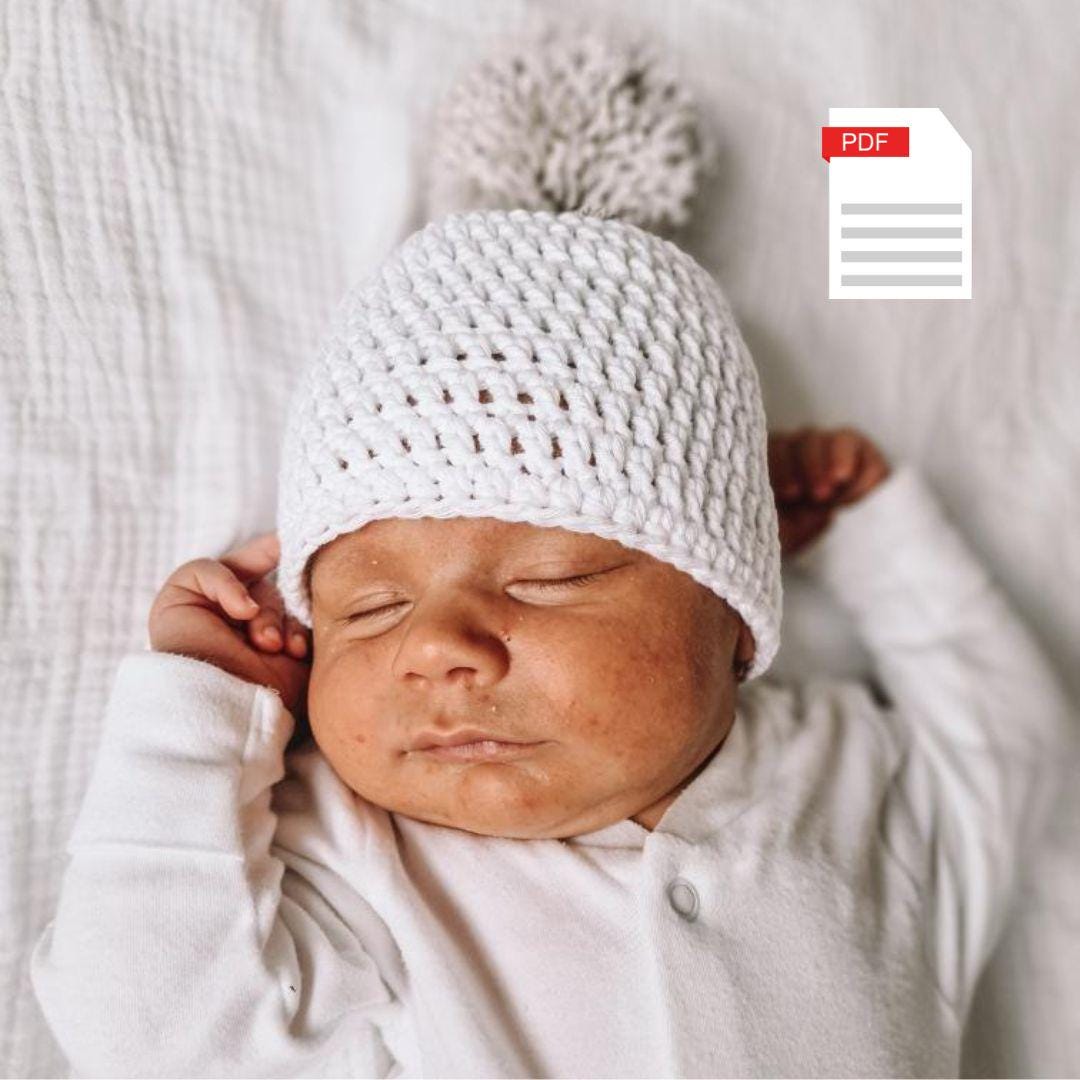 Crochet Baby Hat Pattern: Newborn Beanie With Pom Pom (PDF Download ...