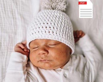 Crochet Baby Hat Pattern: Newborn Beanie with Pom Pom (PDF Download)