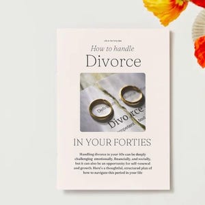 May include: A book titled "How to handle Divorce in your Forties" with two gold wedding rings in a square image. The book has a light pink cover and text. The book's description discusses handling divorce in your 40s.