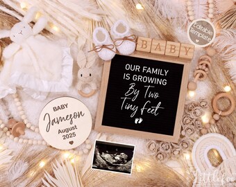 May include: A neutral gender baby announcement with a wooden sign that says "Baby Jameson August 2025" and a chalkboard sign that says "Our family is growing by two tiny feet". The image also includes a wooden block spelling out "BABY", a small ultrasound image, and a variety of neutral gender baby decor.