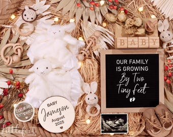 May include: A pregnancy announcement with a chalkboard sign that reads "Our family is growing by two tiny feet". The sign is surrounded by a variety of baby items, including a wooden block that reads "BABY", a stuffed lamb, a wooden rattle, and a pair of baby shoes. There is also a sonogram image and a wooden circle with the text "Baby Jameson August 2025".