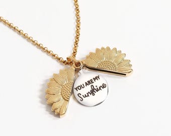 Hidden Message Engraved Sunflower Necklace “You are my Sunshine” - Easter Jewelry - Custom Engraved Necklace