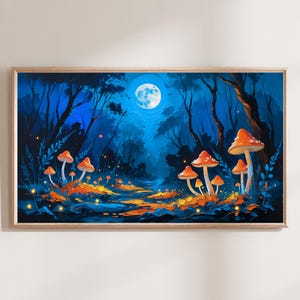 Bioluminescent Mushroom Forest Impasto Painting: Frame TV Art (Digital Download