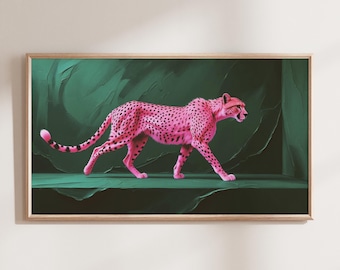 Rosa gepard smaragdgröna konsttryck: Maximalistisk badrumsdekor (digital nedladdning)