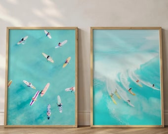 Set di stampe fotografiche di surfisti aerei: arte costiera dell'oceano turchese (download digitale)