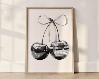 Cherry Disco Ball Print: 70s Retro Black and White Art (Digital Download)