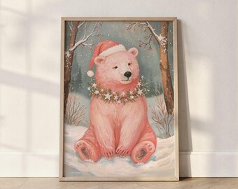 Pink Eisbär Winter Onederland Print: Rosa Weihnachtsdekoration, winterliches Kunstwerk (Digitaler Download)