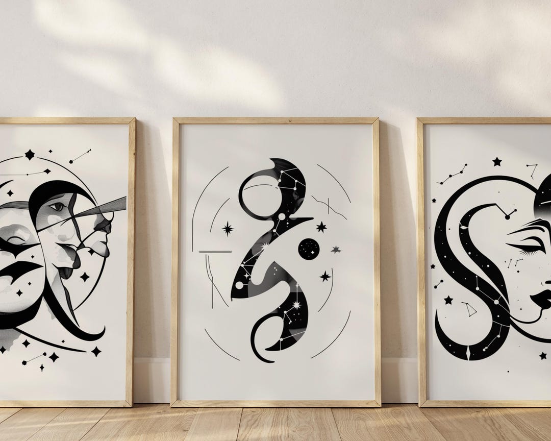 Gemini Zodiac Art Prints: Minimalist Black and White Set (digital ...
