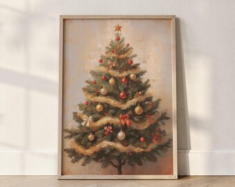 Lámina artística de árbol de Navidad vintage: decoración navideña nostálgica para la pared (descarga digital)