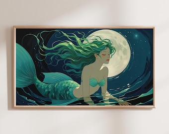 Mermaid Wall Art Painting: Boho Coastal Siren Print, Ocean Mythical Celestial Poster (Digital Download)