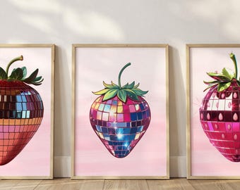 Pink Disco Strawberry Prints: Retro Kitchen Wall Art (Set of 3) (Digital Download)