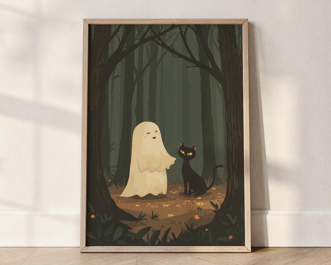 Halloween Cat & Ghost Art Print: Spooky Cottagecore Decor (digital ...