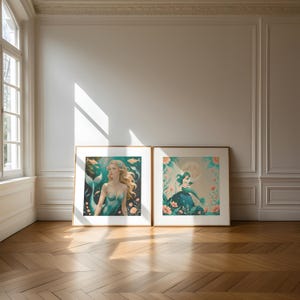 Mermaid Art Print Set: Vintage Retro Ocean Fantasy (Digital Download 8x8-20x20 Square Ratio JPGs)