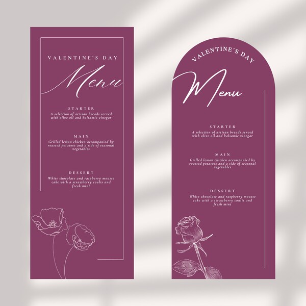 Classy Valentine Menu Editable Template | Galentine's Day Printable Dinner Menu Card | Valentine Dinner Party Menu w/ floral | Burgundy Menu
