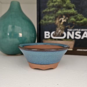May include: A small, blue and brown bonsai pot with a rounded shape and a textured surface. The pot has a dark brown rim and a light brown base.