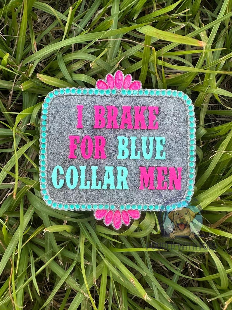 K&ouml;nnte beinhalten: Ein graues Steinschild mit einem rosa und t&uuml;rkisfarbenen Rand. Das Schild lautet "I Brake For Blue Collar Men".
