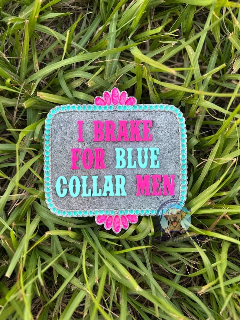 K&ouml;nnte beinhalten: Eine graue Metall-G&uuml;rtelschnalle mit t&uuml;rkisfarbenem und rosafarbenem Rand. Die Schnalle tr&auml;gt den Text "I Brake For Blue Collar Men" in rosa und t&uuml;rkisfarbener Schrift.