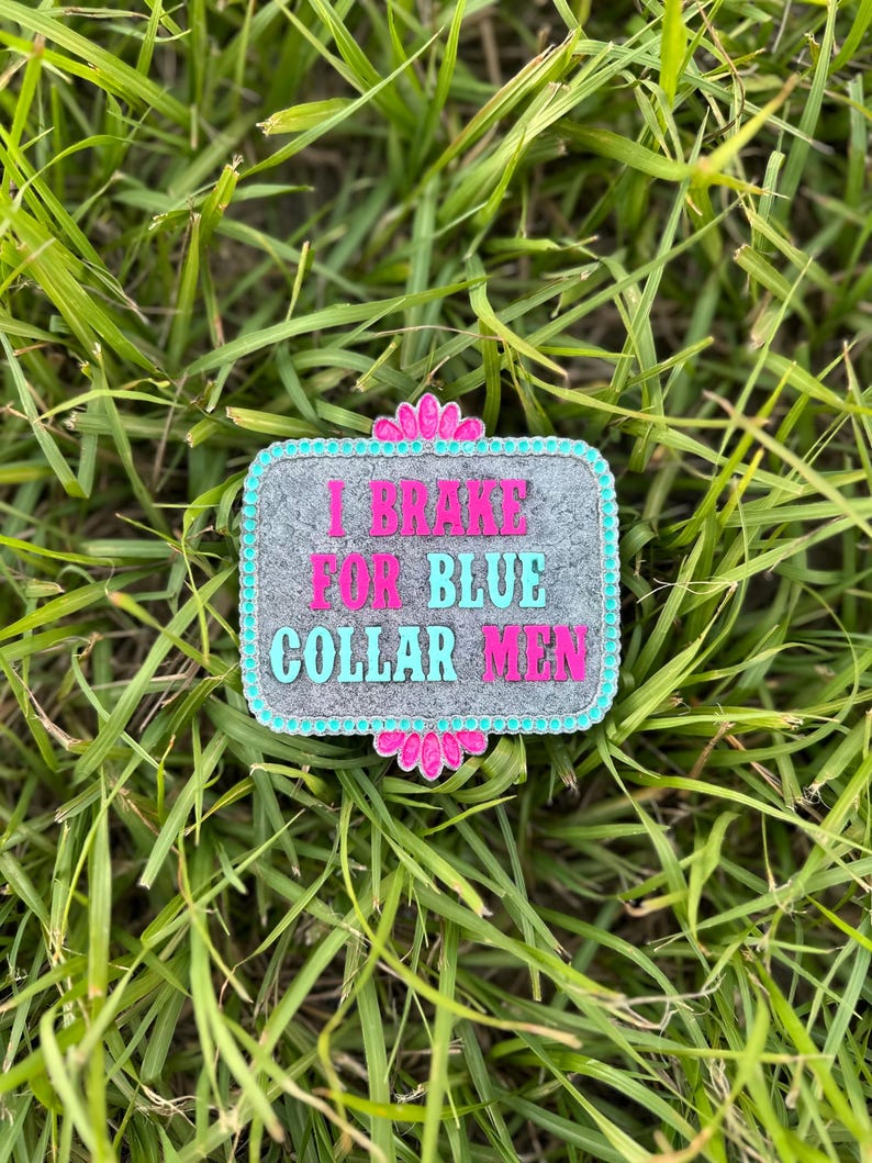 K&ouml;nnte beinhalten: Eine graue, rechteckige G&uuml;rtelschnalle mit t&uuml;rkisfarbenem Rand und rosa Strasssteinen. Die Schnalle tr&auml;gt die Aufschrift "I Brake For Blue Collar Men".