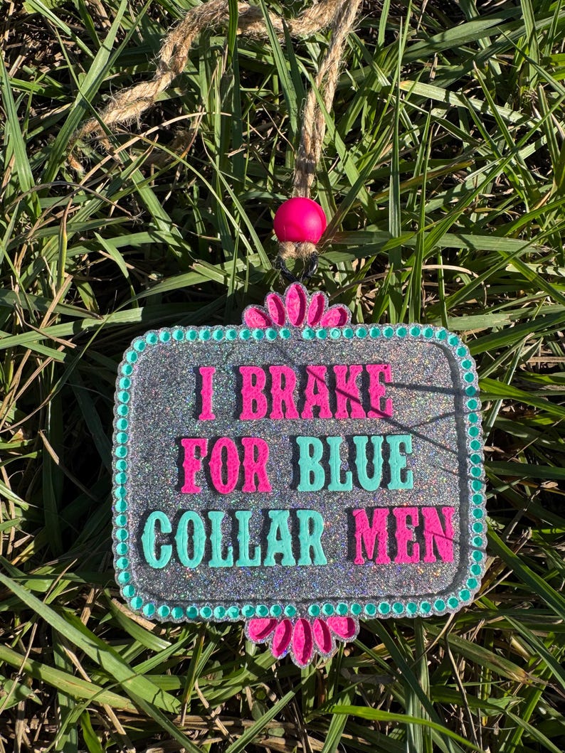 K&ouml;nnte beinhalten: Ein silbernes Glitzer-Schild mit t&uuml;rkisfarbenem Rand und rosa Blumen. Das Schild lautet "I Brake For Blue Collar Men".