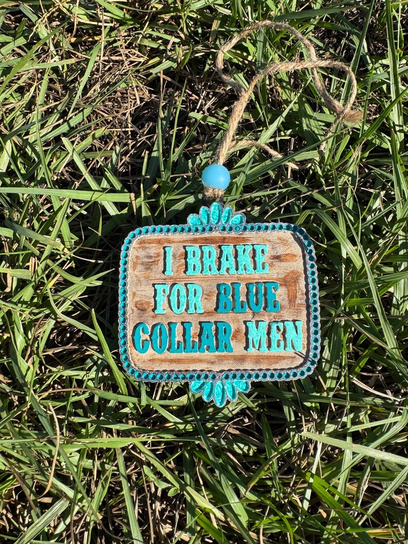 K&ouml;nnte beinhalten: Ein Holzschild mit t&uuml;rkisfarbenem Rand und Strasssteinen. Das Schild tr&auml;gt die Aufschrift "I Brake For Blue Collar Men".