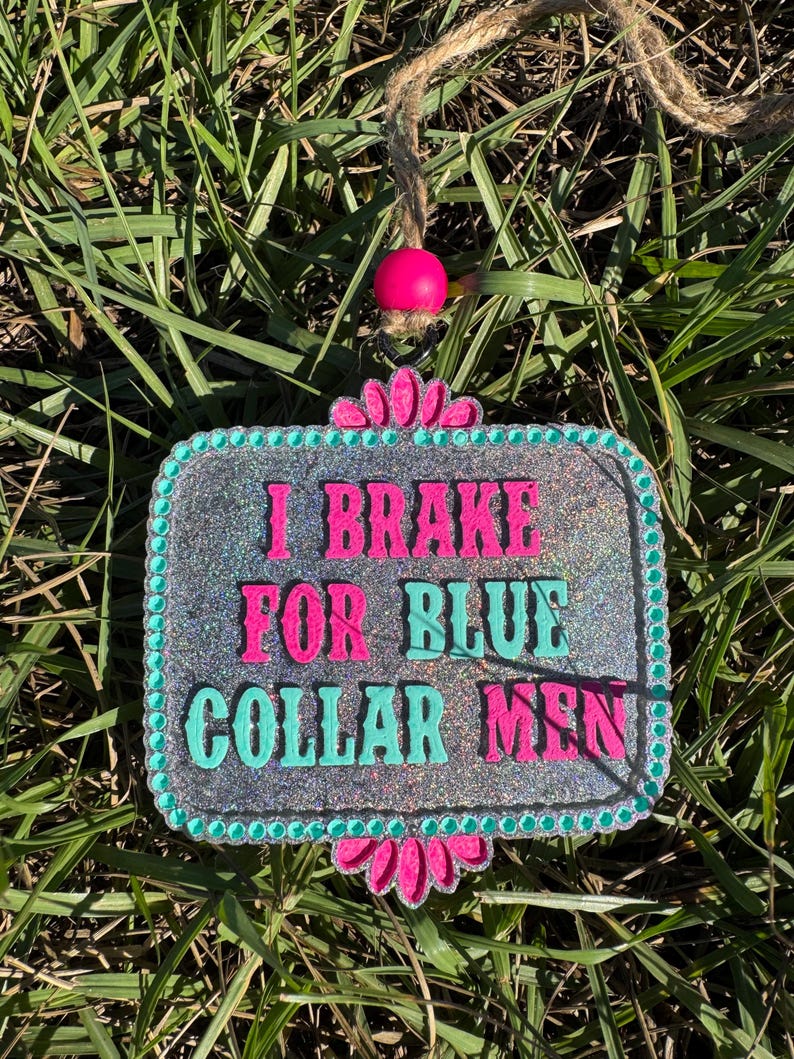 K&ouml;nnte beinhalten: Ein silbernes Glitzer-Schild mit t&uuml;rkisfarbenem Rand und rosa Blumen oben und unten. Das Schild tr&auml;gt die Aufschrift "I Brake For Blue Collar Men".