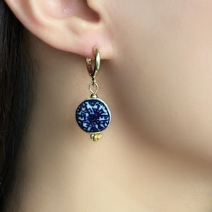 Elegant Blue Porcelain Earrings with Gold Hoops | Traditional Design | 18k Gold Accents | Classic Handcrafted Jewelry