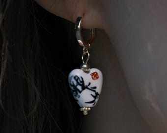 Handmade Porcelain Heart Hoop Earrings, Blue Floral Glaze, 18K Gold Plated