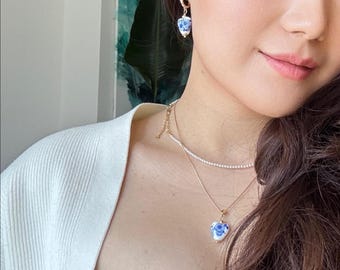 14K Gold Plated Porcelain Heart Hoop Earrings, Blue Floral Glaze