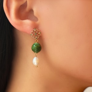 Gold Plated Filigree Flower Earrings with Dark Green Oval Porcelain Beads and Pearl Pendants | Traditional Chinese Design | Green Ink