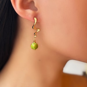 Green Ink Earring | Gold Plated River Flow Earrings with Green Porcelain Bead | Presents for Her