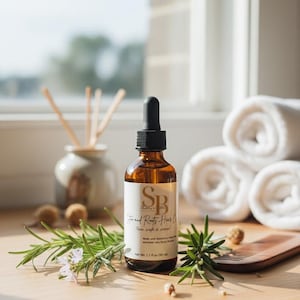 May include: A brown glass bottle of hair oil with a black dropper, labeled "SB" and "Stem and Roots Hair Oil." The bottle sits on a wooden surface with rosemary sprigs, a wooden comb, and rolled white towels. The bottle contains 1.7 fl oz (50 ml).