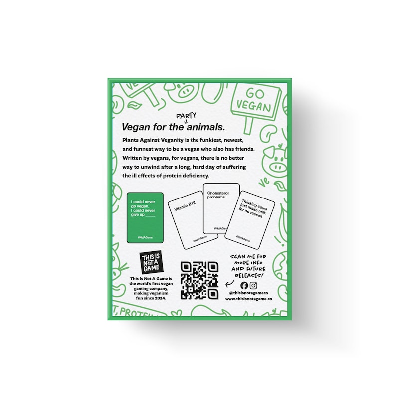 Puede incluir: Una caja verde y blanca con una ilustraci&oacute;n de cerdo verde y el texto "Vegan for the animals." La caja presenta una tarjeta de juego con el texto "Cholesterol problems" y un c&oacute;digo QR. El texto "This is Not A Game" tambi&eacute;n es visible en la caja.