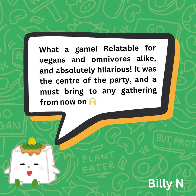 Puede incluir: Un personaje de tofu blanco de dibujos animados con un fondo verde. El personaje de tofu tiene una expresi&oacute;n feliz y lleva un sombrero verde. El fondo est&aacute; lleno de dibujos verdes de verduras y el texto "What a game! Relatable for vegans and omnivores alike, and absolutely hilarious! It was the centre of the party, and a must bring to any gathering from now on." El texto "Plant Eater" tambi&eacute;n es visible en el fondo.