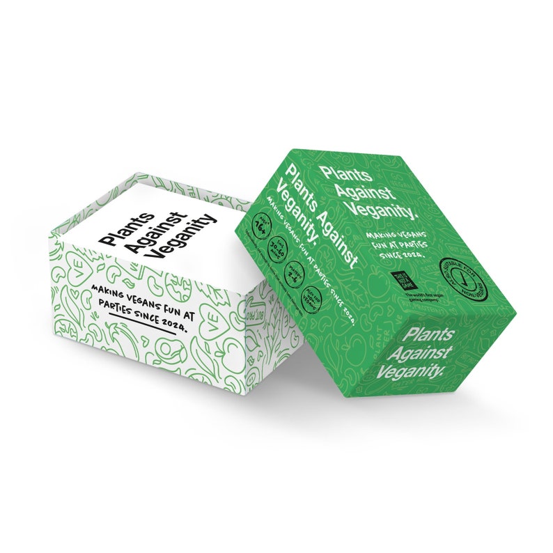 A fun card game for vegans in a white-and-green cartoony box.