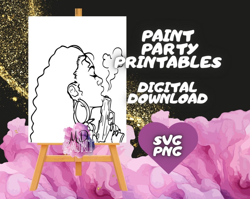 Queen and Gun predrawn Paint and Sip Diy Paint kits Pre drawn Pre Sketched Art Party Drawing for canvas. PNG svg pdf image 7