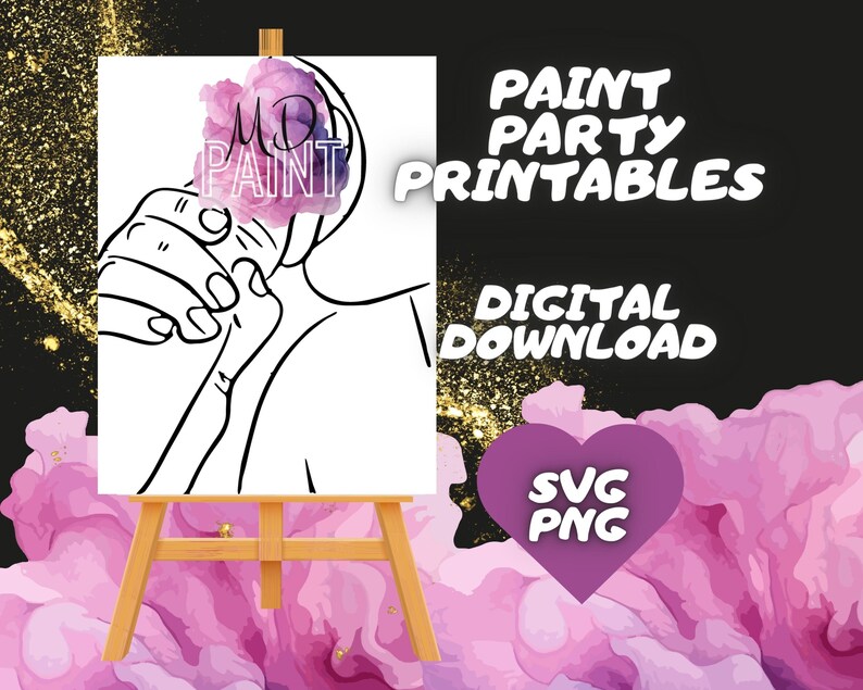 Paint and Sip Diy Paint kits Pre drawn Painting Pre Sketched Art Party Drawing for canvas. PNG svg image 3