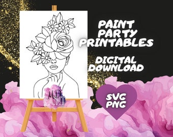 Florale vorgezeichnete Leinwandfarbe und Sip Diy Paint Kits Vorgezeichnete vorskizzierte Kunstparty-Zeichnung für Leinwand. PNG – SVG – PDF